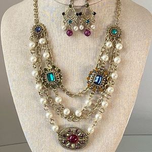 3 Strand Multi Stone Vintage Style Necklace & Matching Earrings